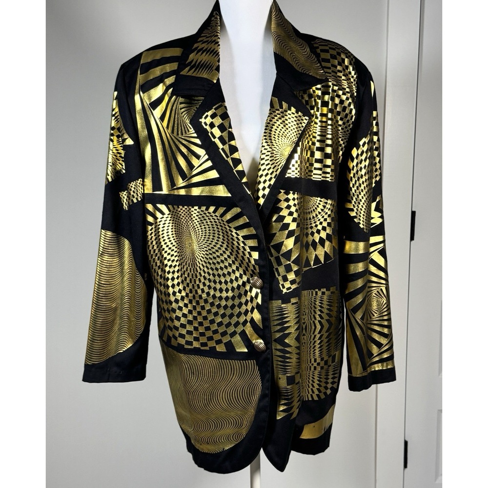 Vintage 80s Gold Foil Metallic Blazer Jacket Big Shoulders‎ Black Size S
